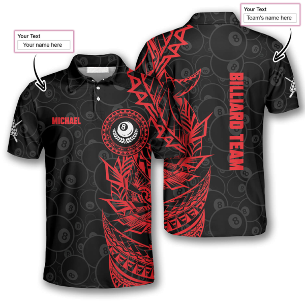 3D All Over Print Red Black Tribal Custom Billiard Polo Shirts for Men, Billiard Team Uniform