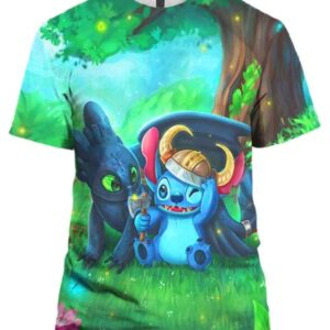 Cutie Viking Stitch Toothless 3D T-Shirt, Lilo and Stitch Clothes for Lovers