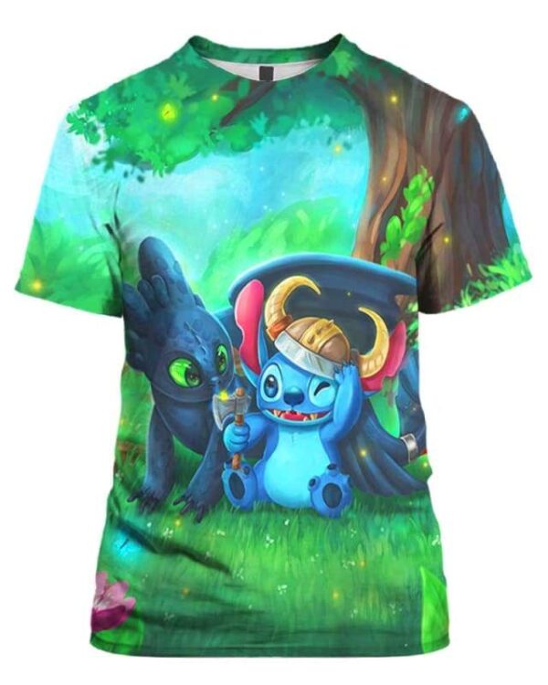 Cutie Viking Stitch Toothless 3D T-Shirt, Lilo and Stitch Clothes for Lovers