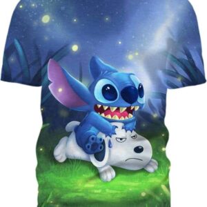 Pretty Night Stitch and Sad Dog 3D T-Shirt, Lilo and Stitch Shirts for Fan