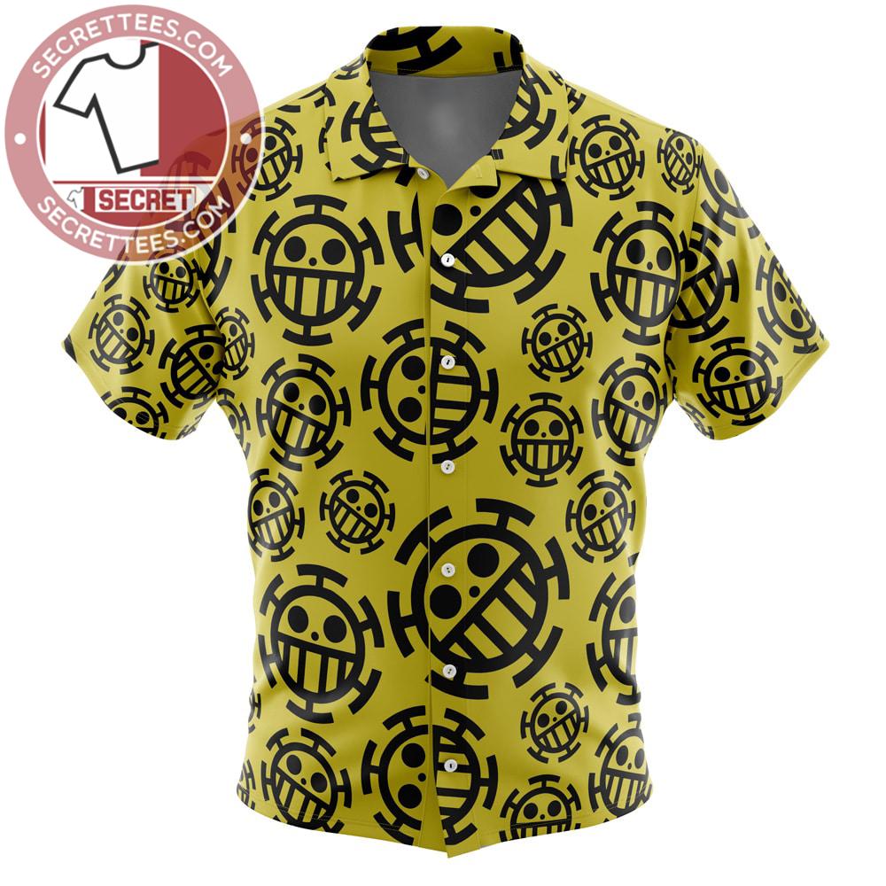 Heart Pirates Trafalgar Law Logo Hawaiian Shirt, Yellow Jolly Roger One Piece Shirt